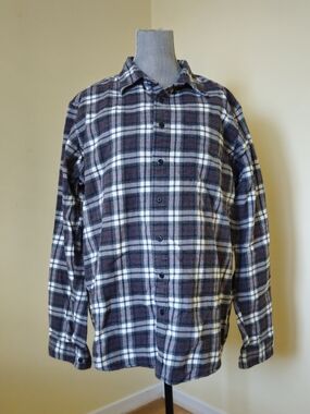 Eddie Bauer Men's Dark Grey & White Plaid Button-Up Shirt With Red Accents